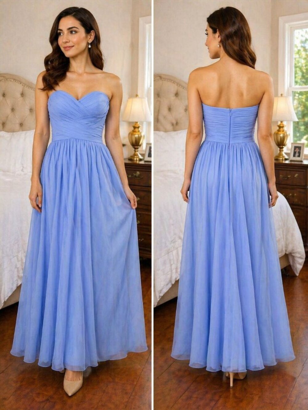 NWT La Femme 21257 Strapless Chiffon Cloud Blue Formal Gown $278